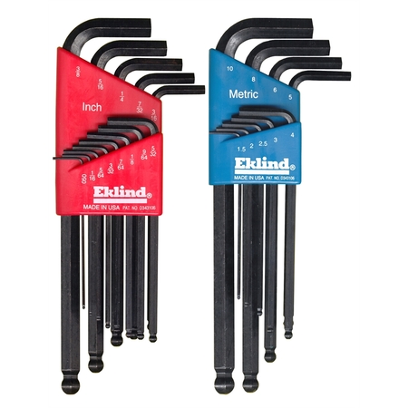 EKLIND 22 Piece Combination SAE and Metric Long Ball End Hex Key Sets 13222